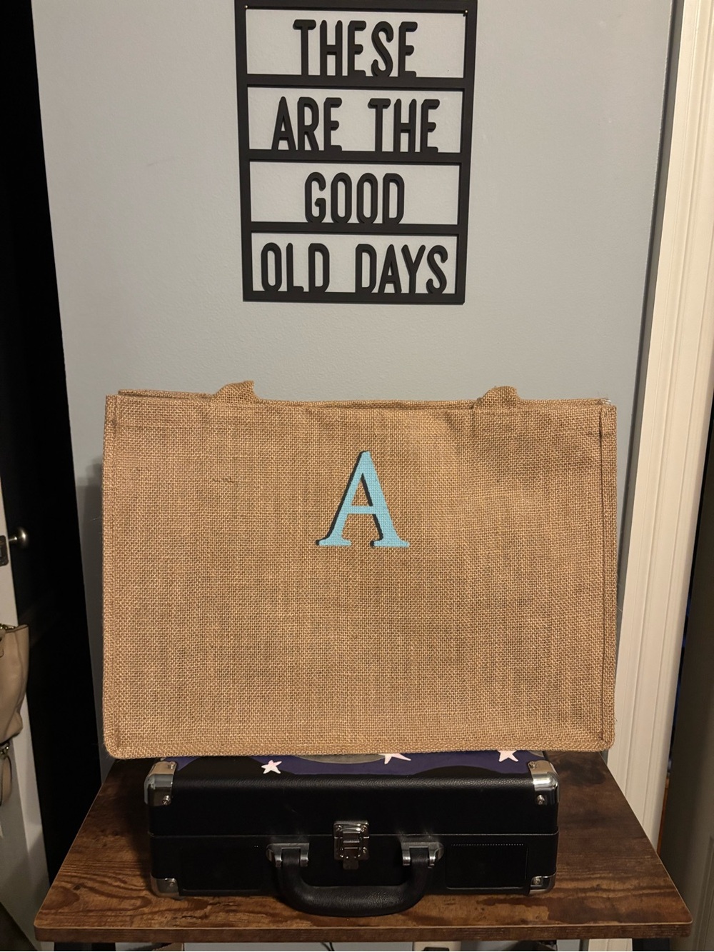 Monogrammed Burlap Tote with Blue 'A'
